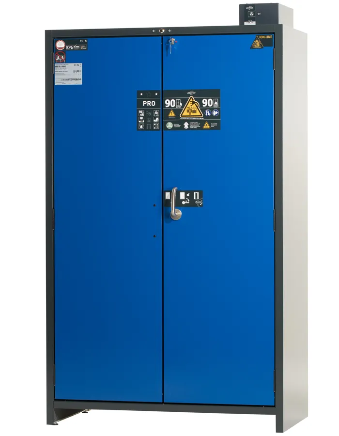 Asecos ION-PRO-90 lityum pil güvenlik dolabı, mavi kapılı
